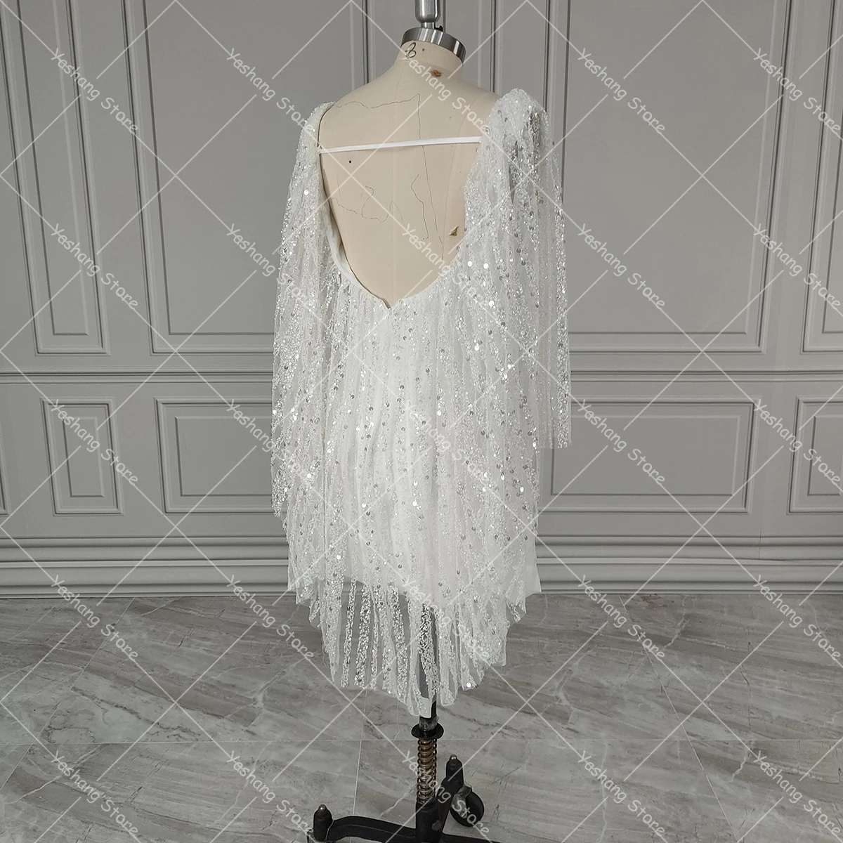 Beading Cape Batwing Sleeves Customized Wedding Dress Ivory Satin V Neck Open Back Real Photos Mini Summer Outdoor Bridal Gowns