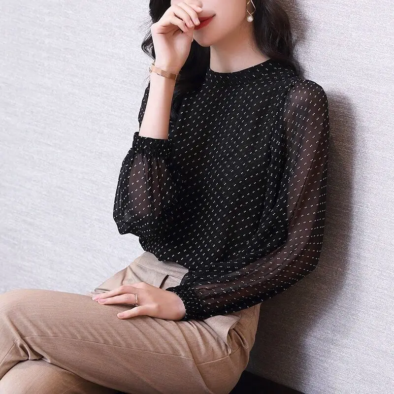 여성용 스탠드 칼라 물방울 무늬 우아한 루즈 캐주얼 랜턴 소매 쉬폰 상의, 단색 용수철, 가을 신상, 2024