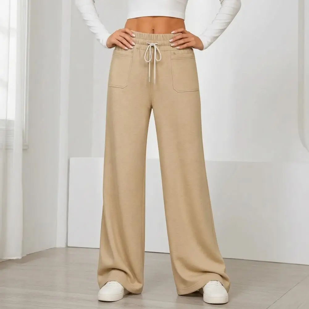 Comfortable Lounge Pants with Pockets Women Wide Leg Pants with Drawstring Waist Loose Palazzo Trousers Solid Color Comfortable