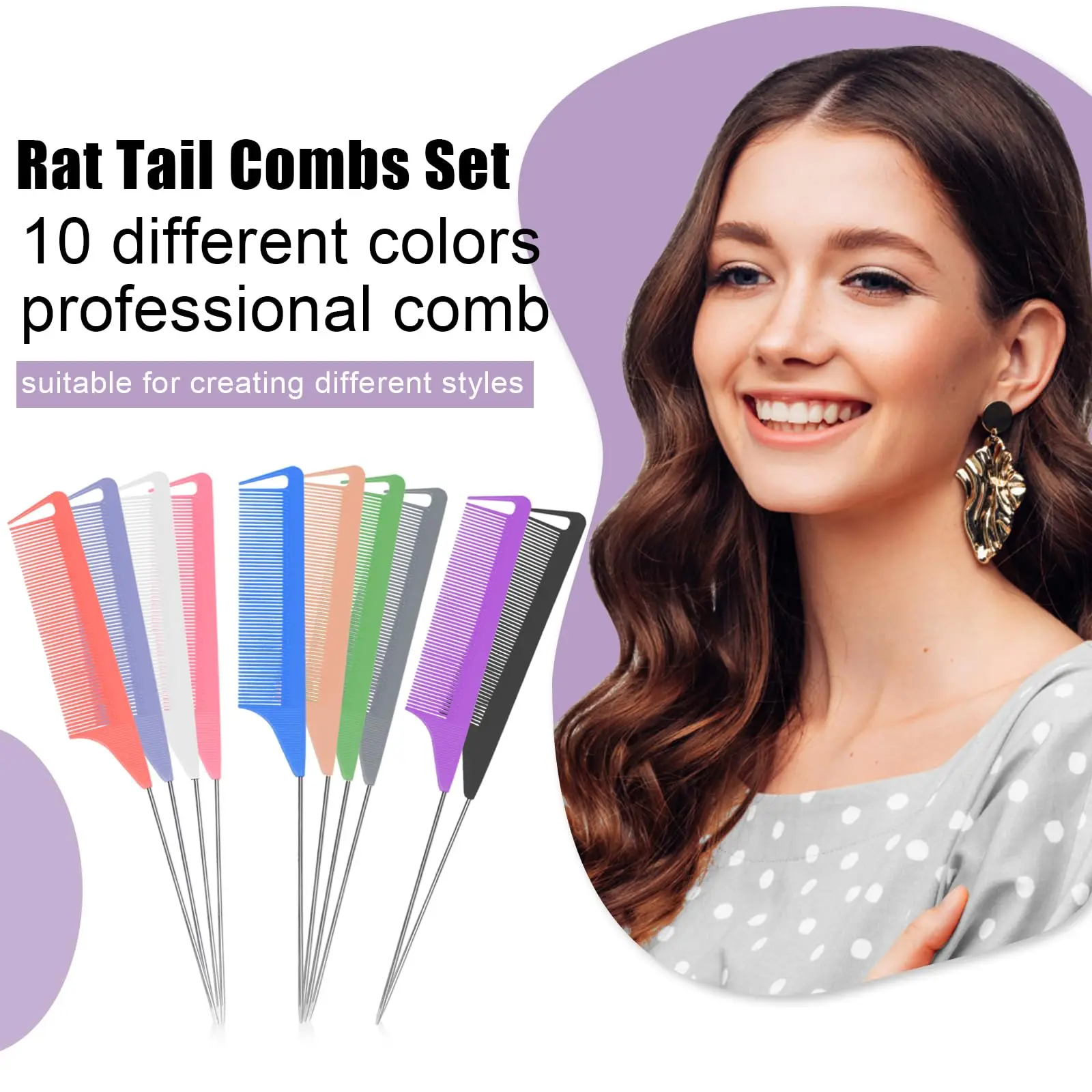 

8PC Durable Rat Tail Combs 8.6"/21.9cm Stainless Steel Tail Needle for Professional Hair Styling Salon & Home Use - Random Color