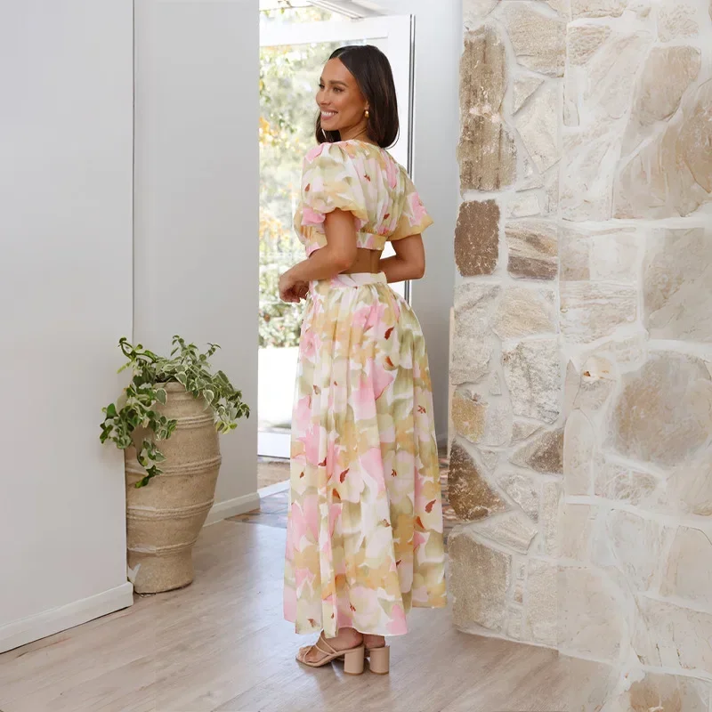 여성 봄/여름 새로운 패션 신선함 우아함 부러진 꽃 백리스 빅 스윙 반소매 프린트 드레스 Vestidos Y2k