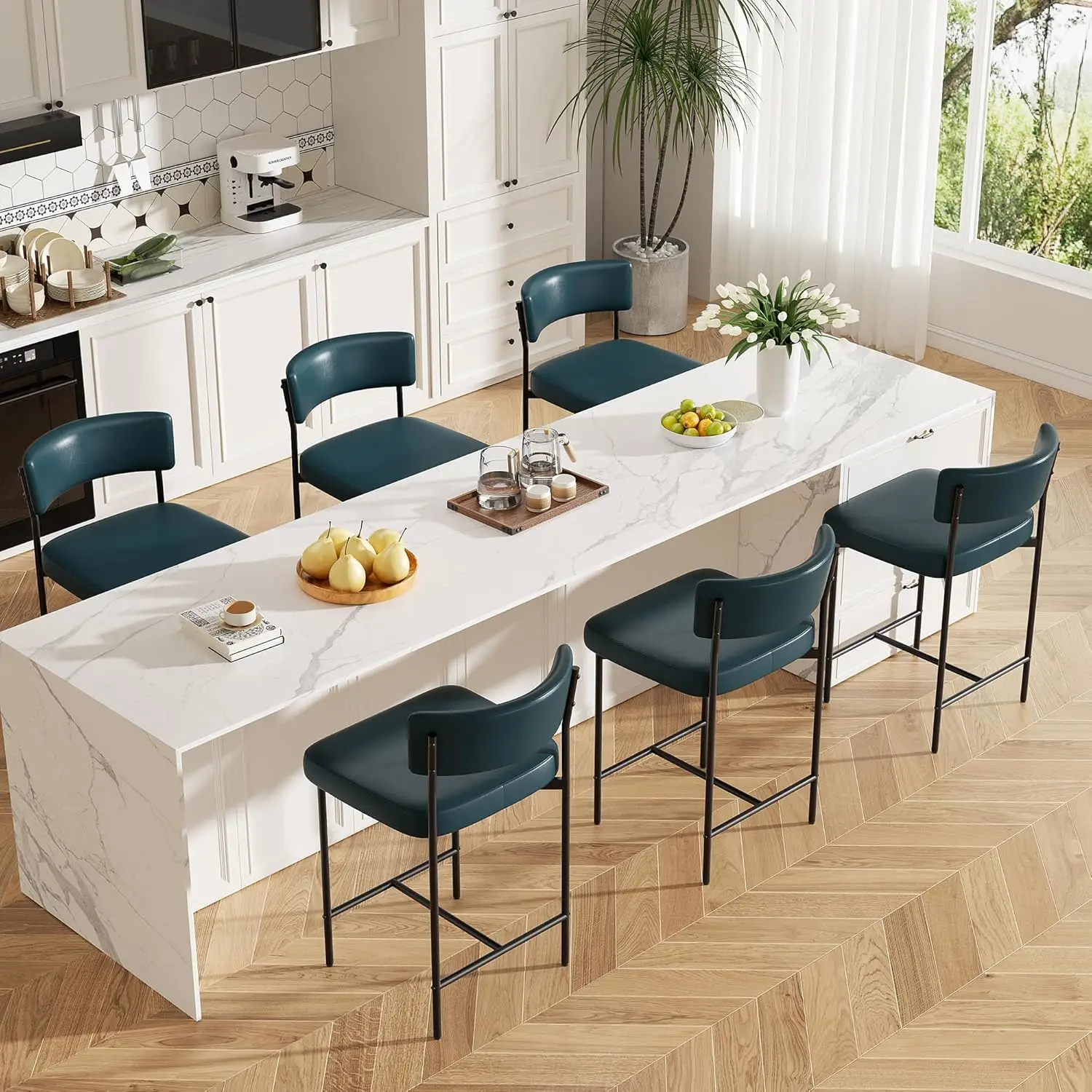 Bar Stools Set of 6, Faux Leather Counter Height Barstools with Curved Back, 25 Inch Upholstered Bar