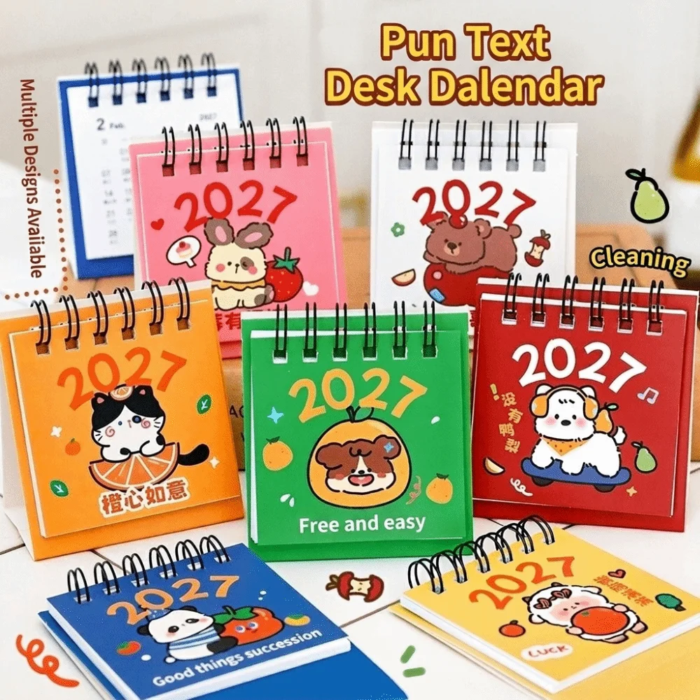Creative Mini 2027 Desk Calendar Double Coil Schedule Mark Standing Flip Calendar Cartoon Spiral Desk Calendar for Home&Office