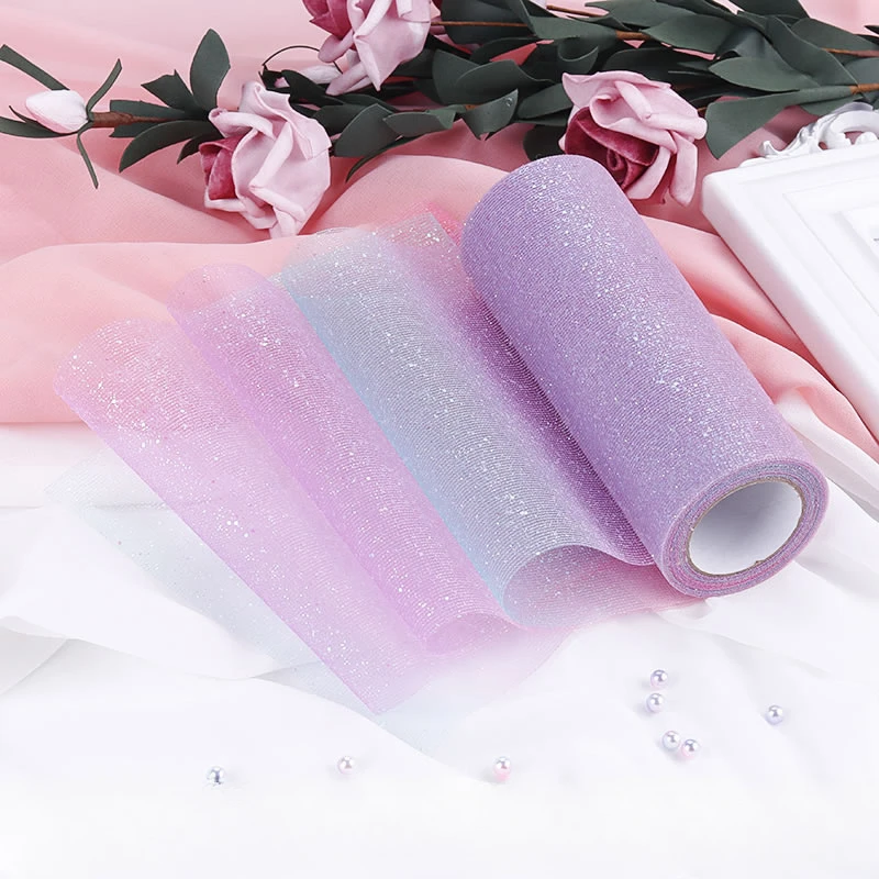 

6 inches wide and 10 yards long powder coated rainbow gradient fabric mesh roll DIY handmade children's doll glitter yarn