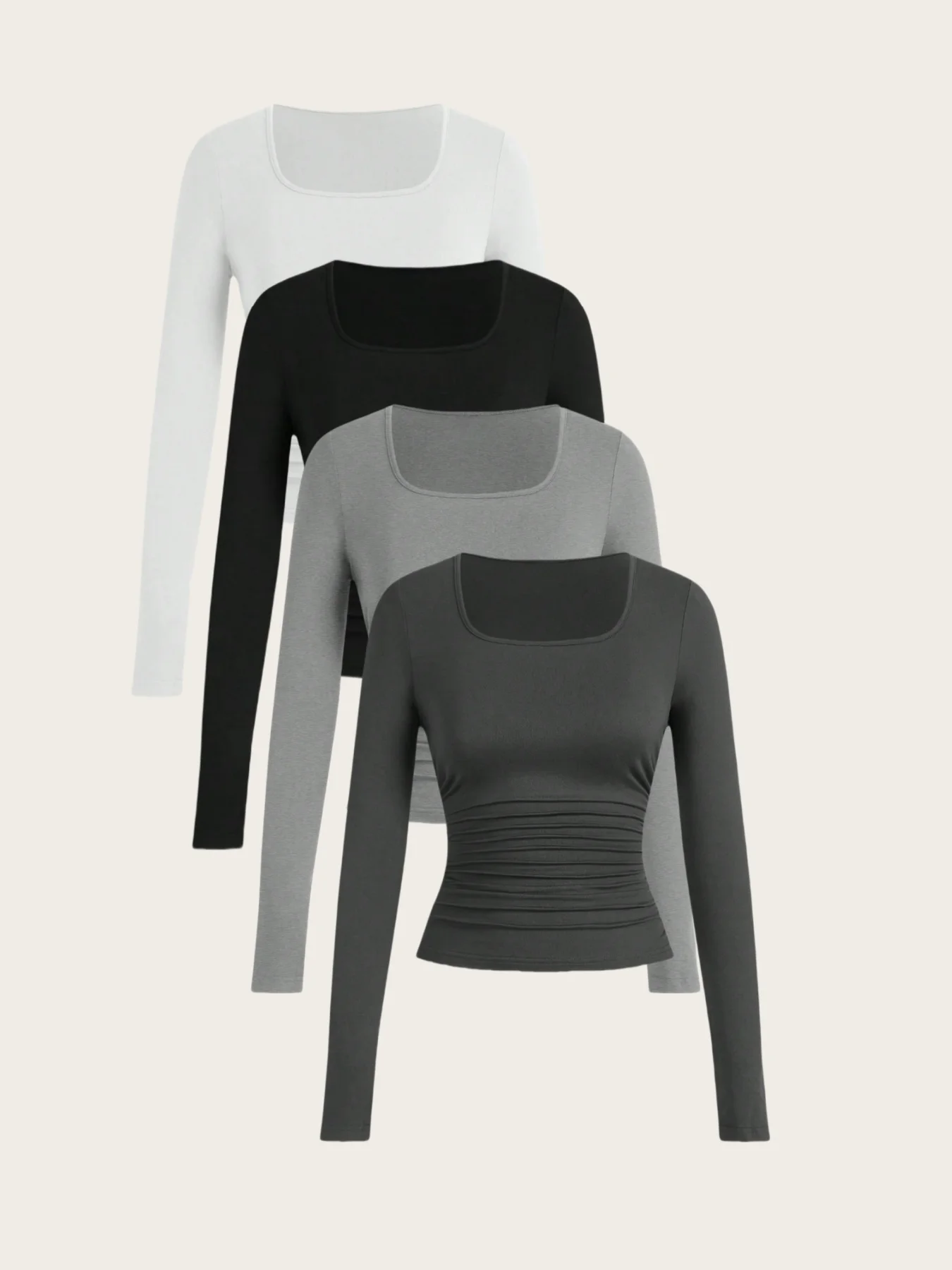 

4-Piece Early Autumn Series Pleated Waist Slimming Look Square Collar Knitted T-Shirt