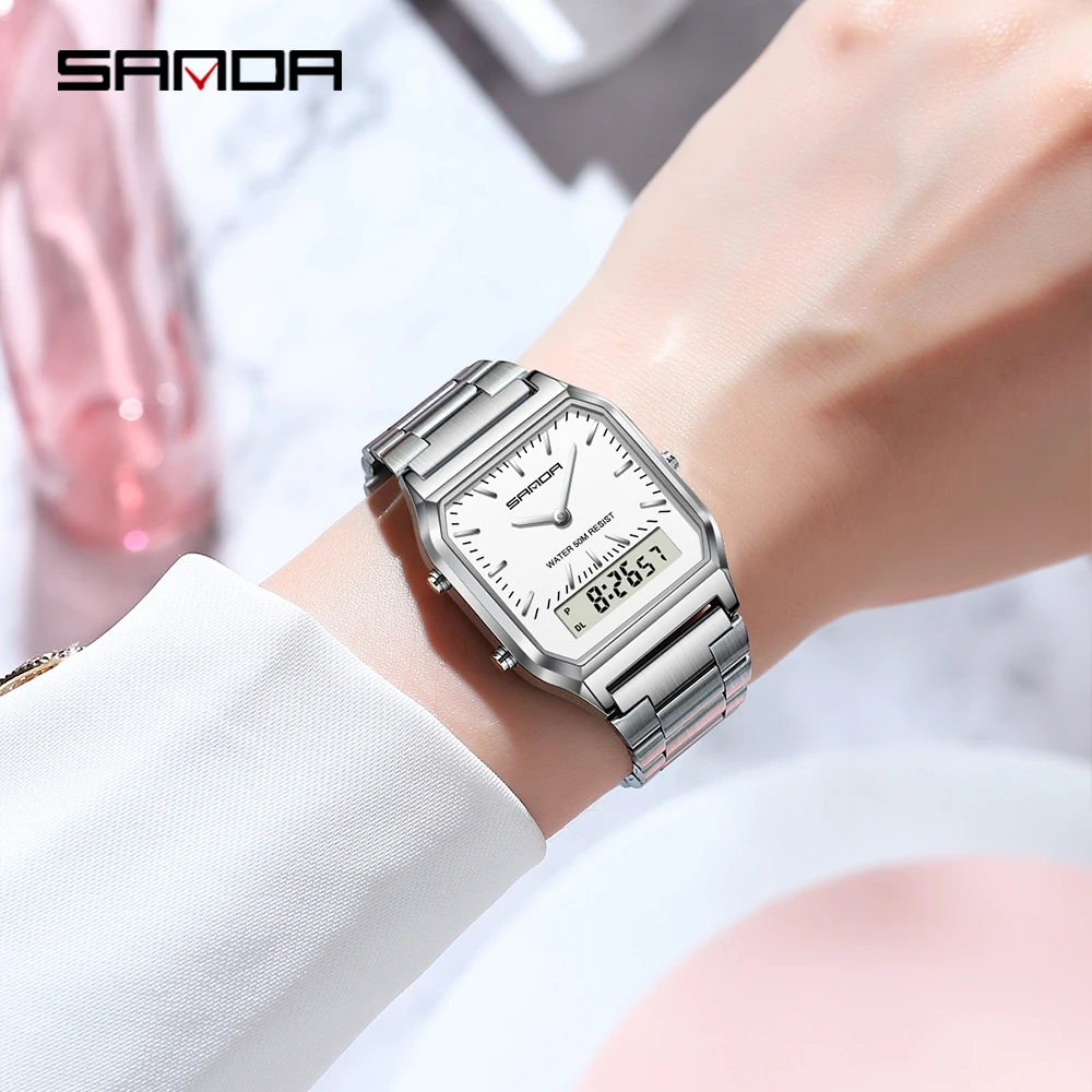 SANDA Luxury Mens G style Watches Stainless Steel Women LED Digital Dual Display Clock Unisex Waterproof Sports Quartz Watch 747