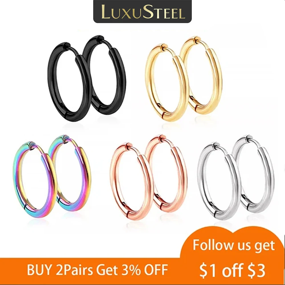 LUXUSTEEL 1 Paia Donna Uomo Orecchini a cerchio piccoli in acciaio inossidabile Colore argento Cerchio rotondo Pendientes Mujer aretes Punk 5 colori