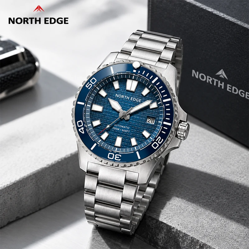 NORTH EDGE ABYSS Men Quartz Watch Solar Powered Luxury Watch 200M Waterproof Dive Sports Watches 316L Steel Case 180+ Day Power