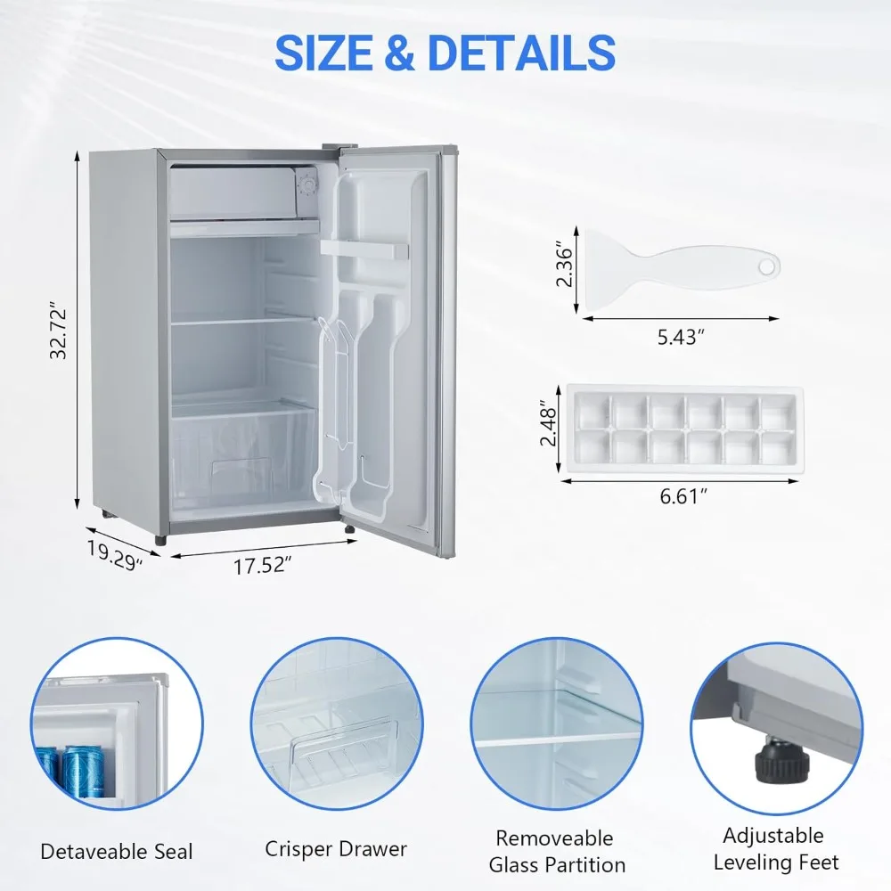 ثلاجة مدمجة مع فريزر، ثلاجة صغيرة مفردة 3.2 قدم مكعب، تحكم في الحرارة قابل للتعديل، أبواب قابلة للعكس، فري صغير