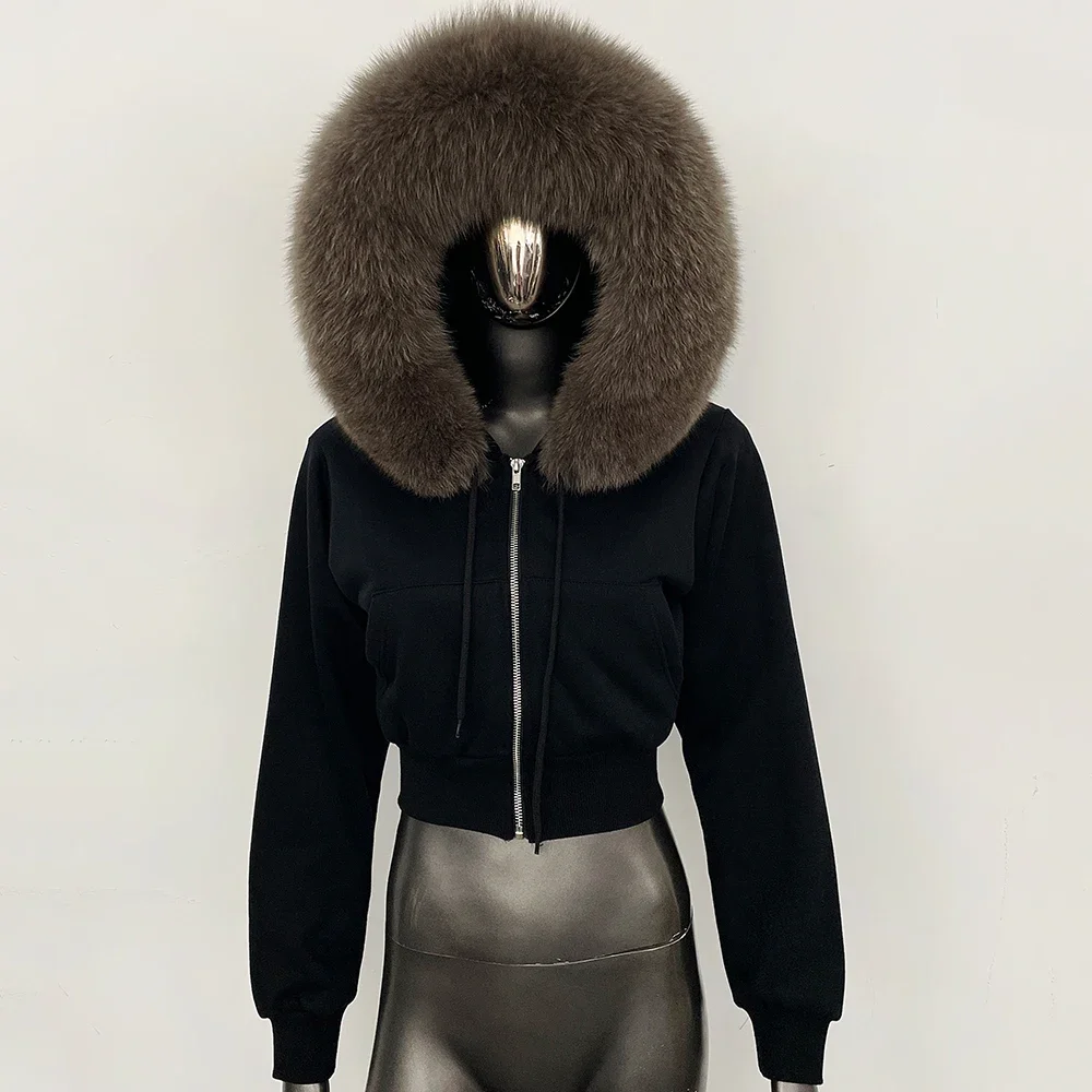 OFTBUY Lässige neue Winter-Oberbekleidung für Damen, echte Fuchspelz-Kapuzenjacke, kurze Jacke mit Reißverschluss und flauschigem Waschbärpelzbesatz. – Detail 22