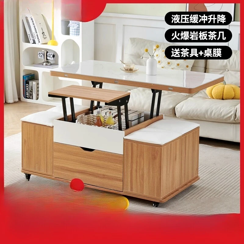 Solid wood multi-functional coffee table small apartment heightened telescopic storage rock slab lifting coffee table dining tab