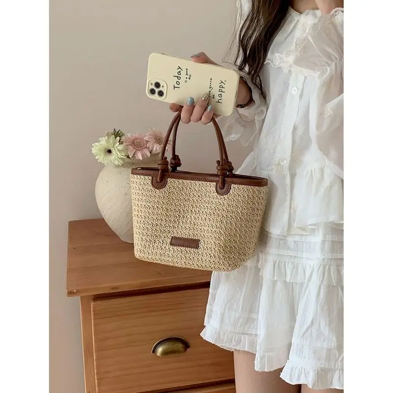 

Женские сумки с ручками сверху, универсальные элегантные сумки через плечо в корейском стиле, модные однотонные пляжные сумки-ведра для отпуска