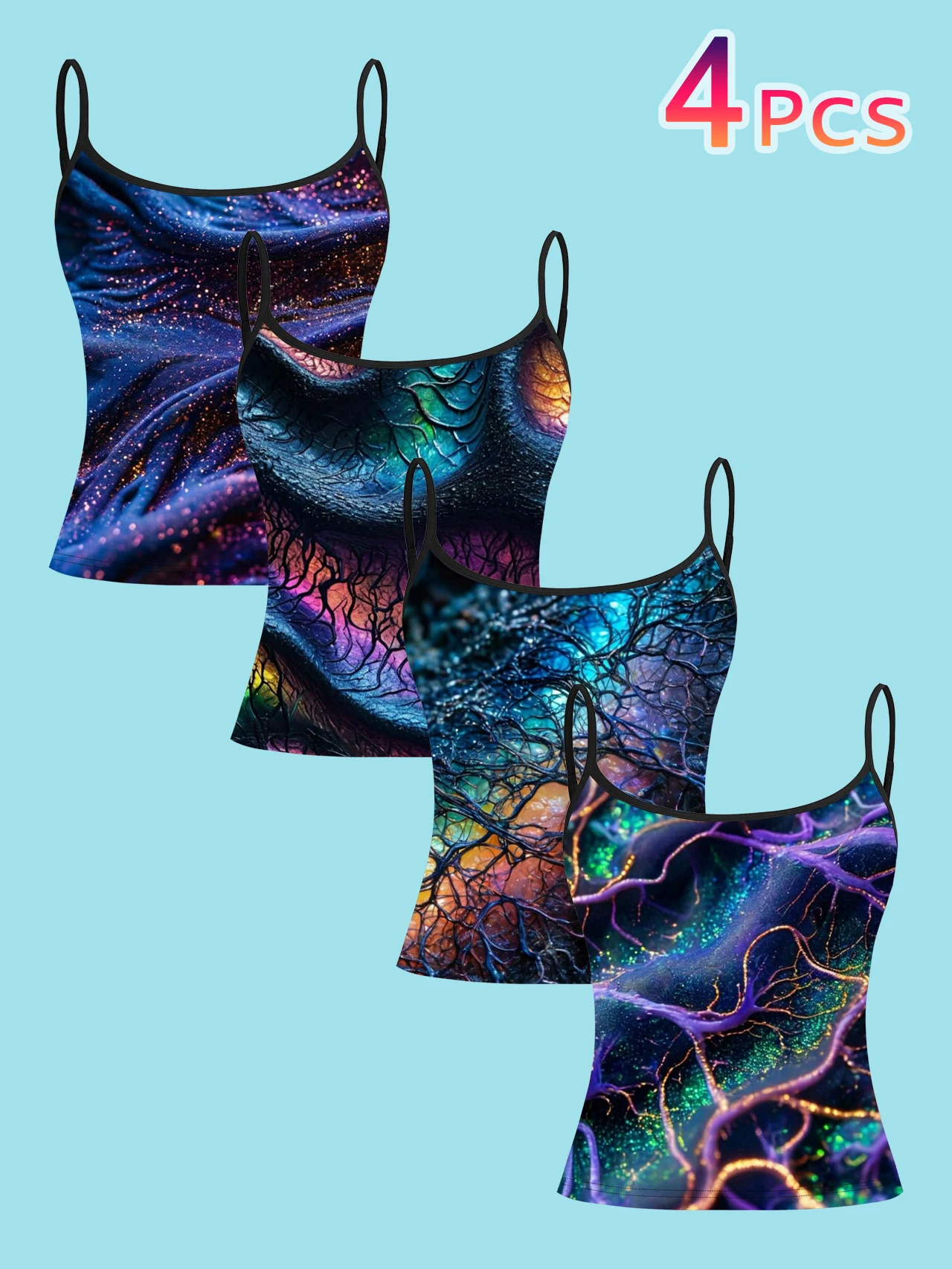 4-Piece Set of Women's Cyber Neural Network Print Camisoles, Psychedelic Fractal Vein Starry Sky Particle Slim-Fit Spaghetti Strap Inner Tops