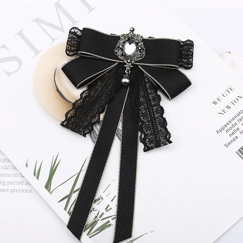 British and Korean Department Vintage College Geomantic Diamond Lace Bow Shirt Bow Tie Versatile Simple Brooch Accessories