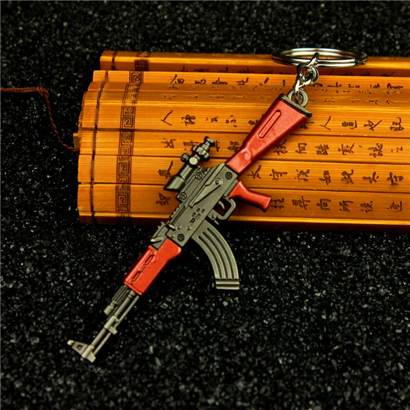 Cartoon Game PUBG Metal Gun Keychain 9cm AWM 98K AKM M24 Helmet Alloy Weapon Model Light Key Chain Birthday Gifts Toy for Kids