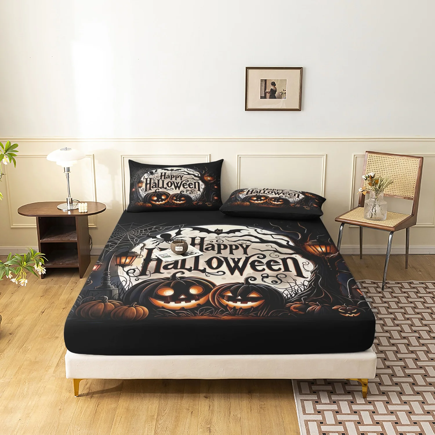 3Pcs Happy Halloween Spooky Pumpkin Print Fitted Sheet Set, Lantern Spider Web Bat Retro Lantern Printed Bedding