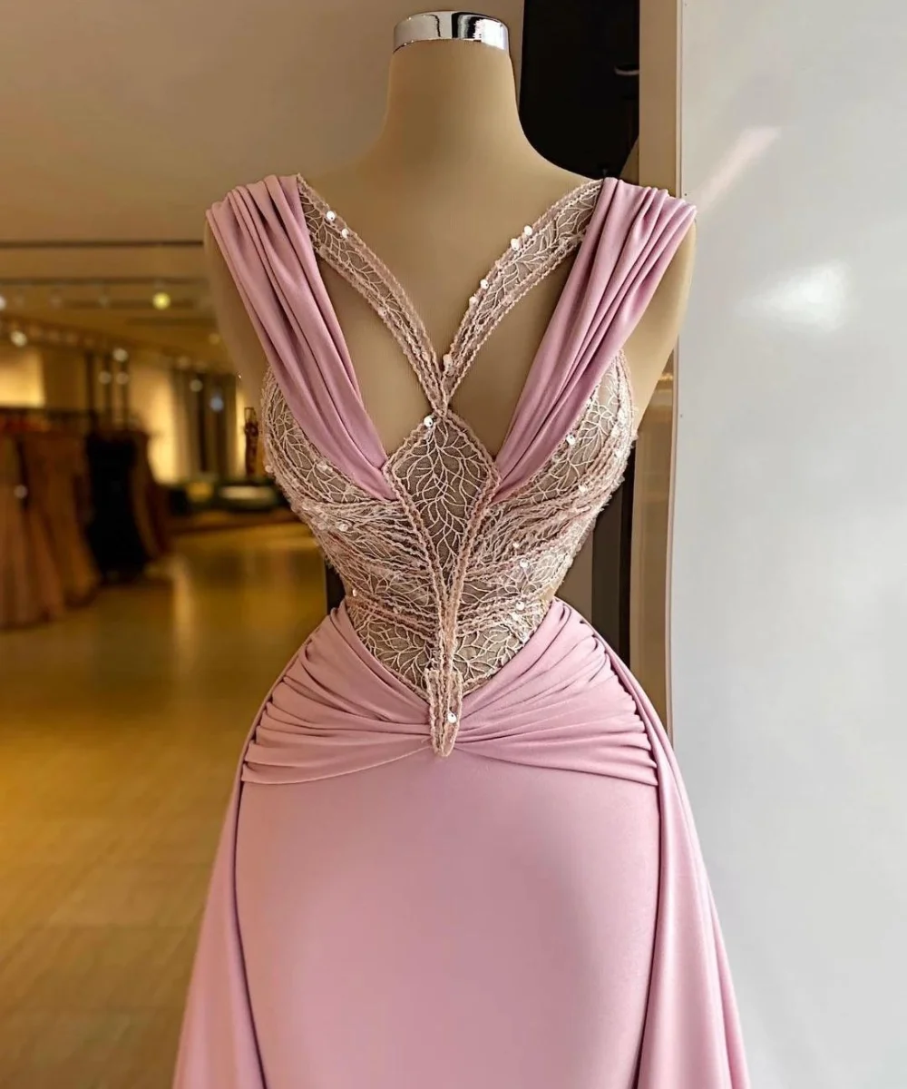 Pink Mermaid Prom Dress Sleeveless V Neck Appliques Sequins Satin Lace Hollow Sexy Pageant Evening Gowns Bridal Dresses