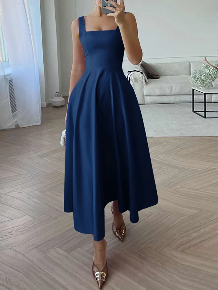 ZANZEA Women Sexy Satin Waisted Tank Dresses Summer Fashion Square Collar Maxi Vestidos Vintage Strap Dress Holiday Party Robe