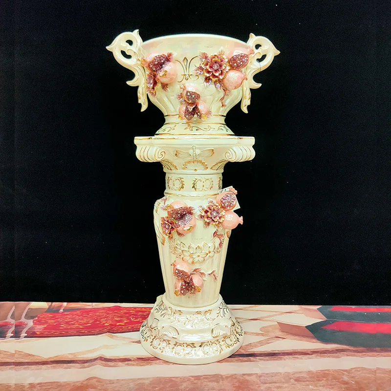 Roman column high-end floor-to-ceiling large vase simulation flower arrangement set ornament, living room European modern hotel