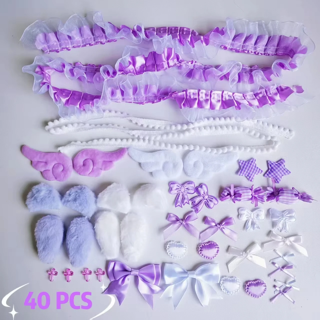 40-teiliges handgefertigtes Spitzenmaterial-Set, Spitzen-Plüsch-Hasenohren, Engelsflügel-Zubehör, Kleidungszubehör, Herz- und Stern-Dekoration – Detail 3