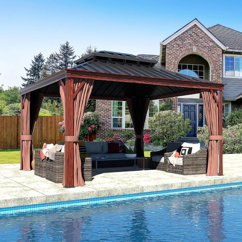 

10'x 12' Gazebo, Wood-Looking Coated Hardtop Gazebo with Aluminum Frame, Permanent Outdoor Pavilion with Double Roof