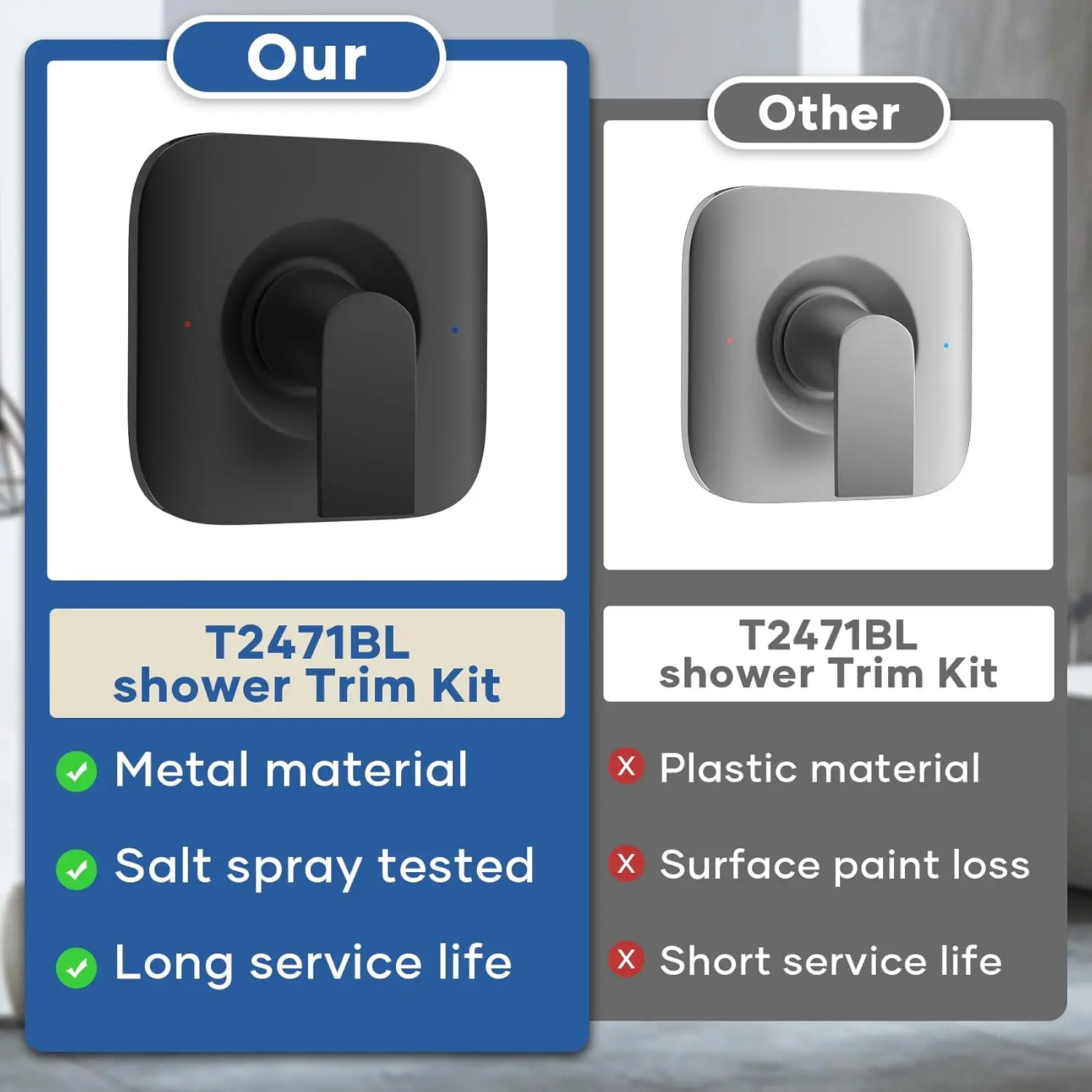 Black Shower Handle Replacement for Moen T2471BL, Matte Black Square Handle, Pressure-Balancing Lever, Genta LX Collection