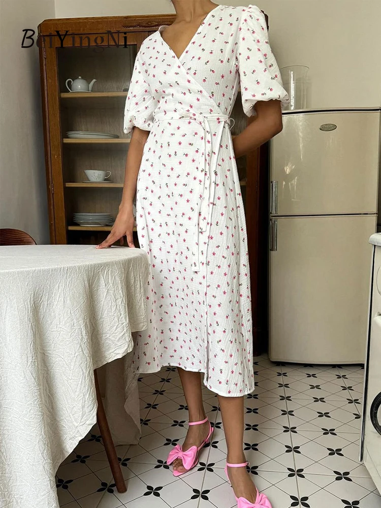 Beiyingni 2025 été femmes robe français élégant coton imprimé fleuri longues robes femme à lacets col en v vacances rose robes