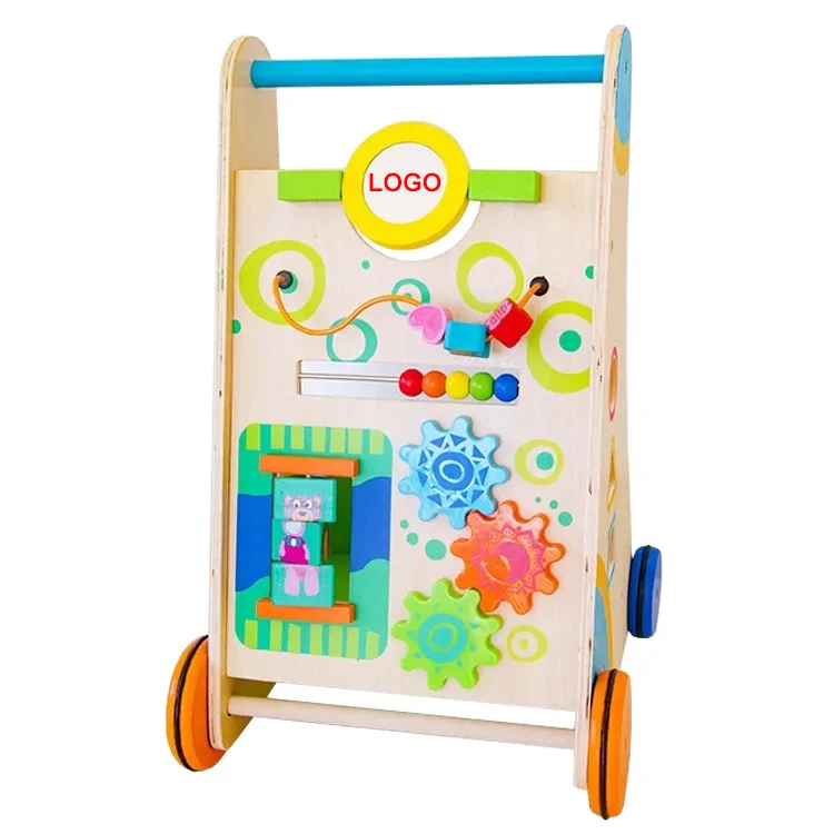 Wooden Activity Baby Walker Sit-to-Stand Learning  with Rotating Push Toy and 4 Wheels