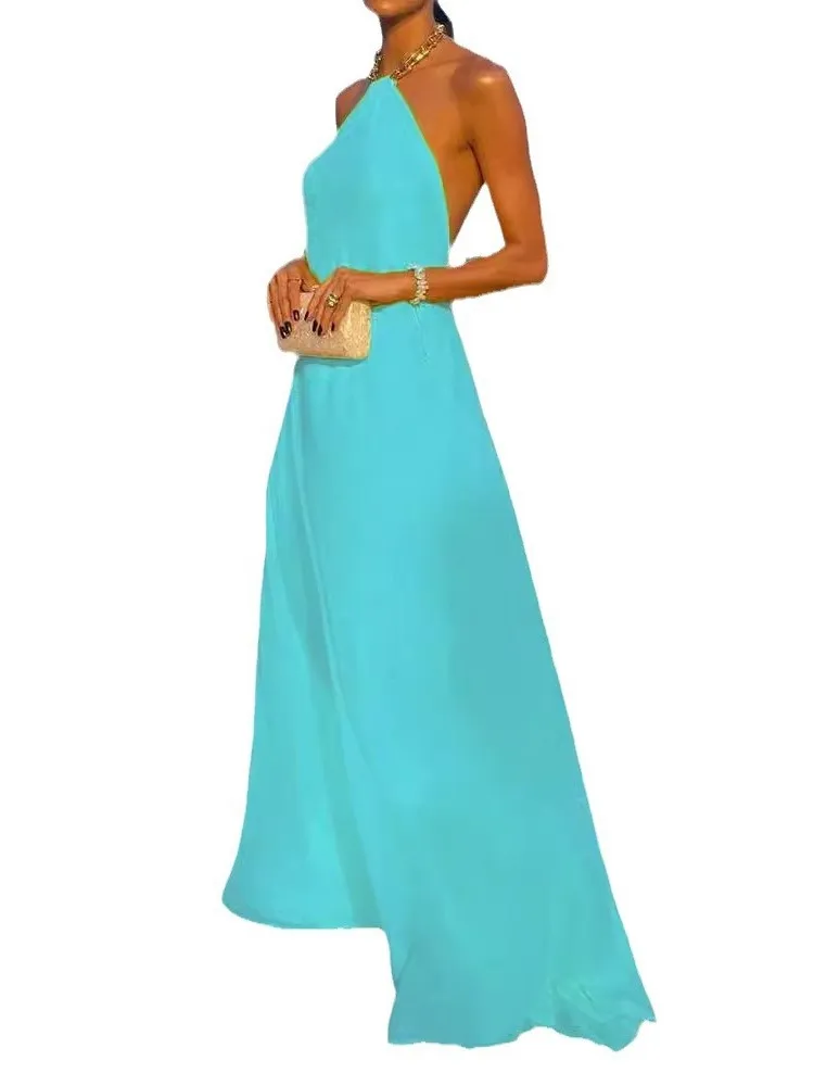 Fashion Metal Chain Halter Neck Long Dresses Women Sexy Backless Temperament Lady Solid Color Commuting Party Dress Summer New