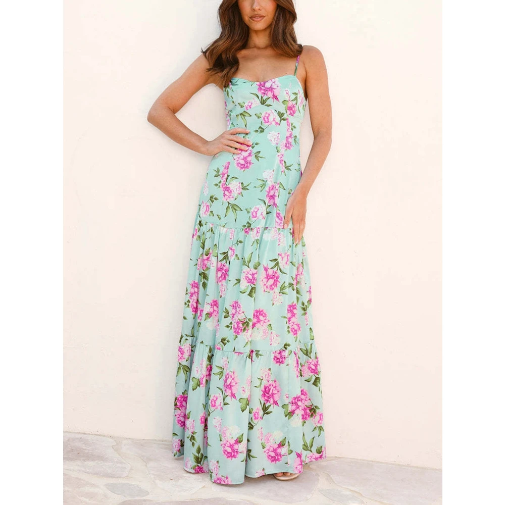 女性の夏のフラワープリント自由奔放に生きるスタイルマキシドレスファッションスパゲッティストラップ背中の開いたドレススリムフィットバックカットアウトドレス