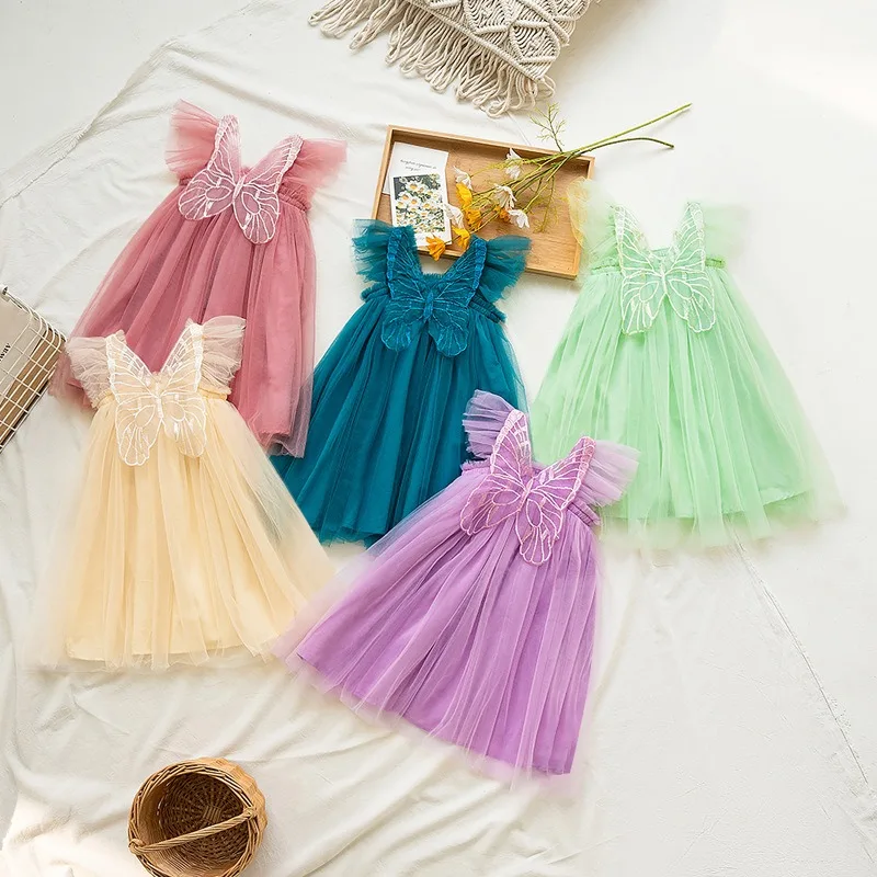 Butterfly Wings Girls Mesh Dress 2024 Summer New Female Baby Birthday Party Dresses Candy Color Fairy Puffy Princess Dress 1-8T