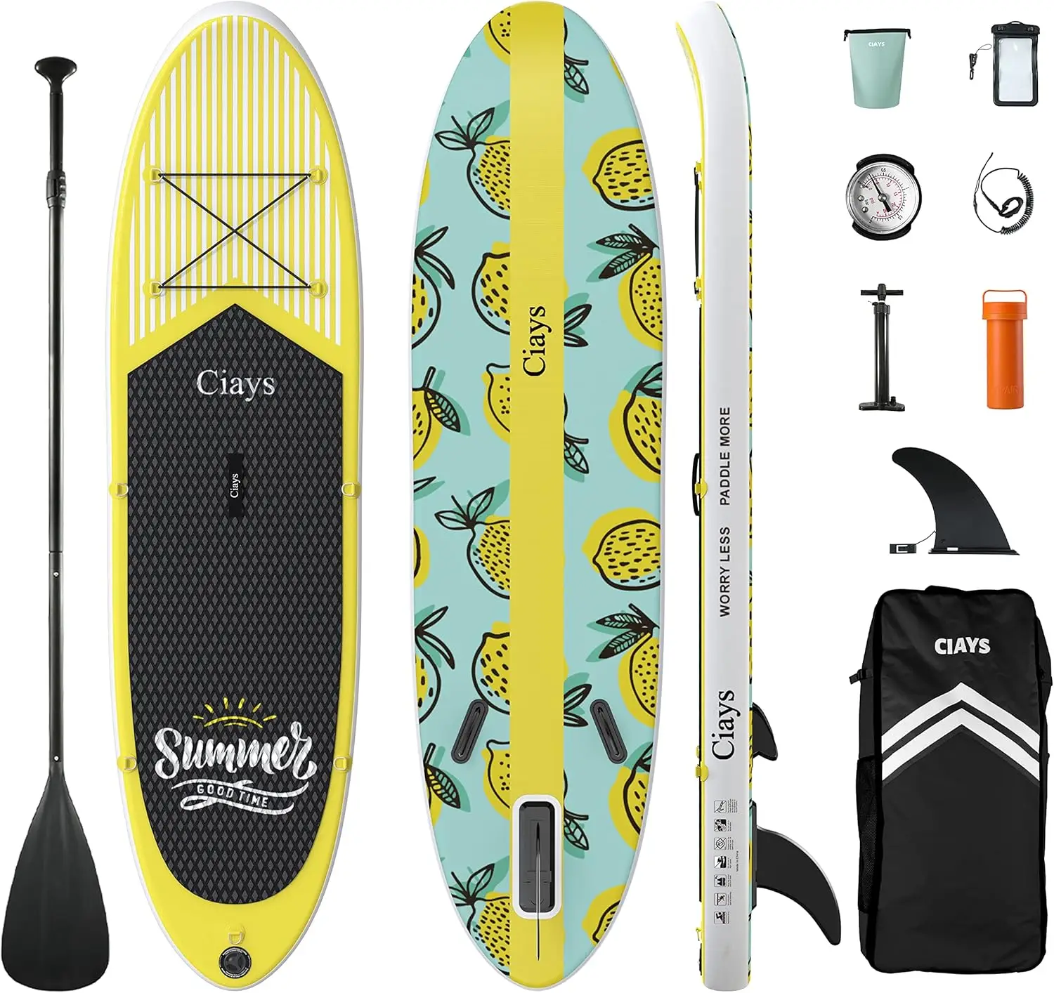 

Stand Up Paddle Board W SUP Accessories of Backpack, 2 Fins, 2 Bags, Leash, Floating Paddles and Double Action