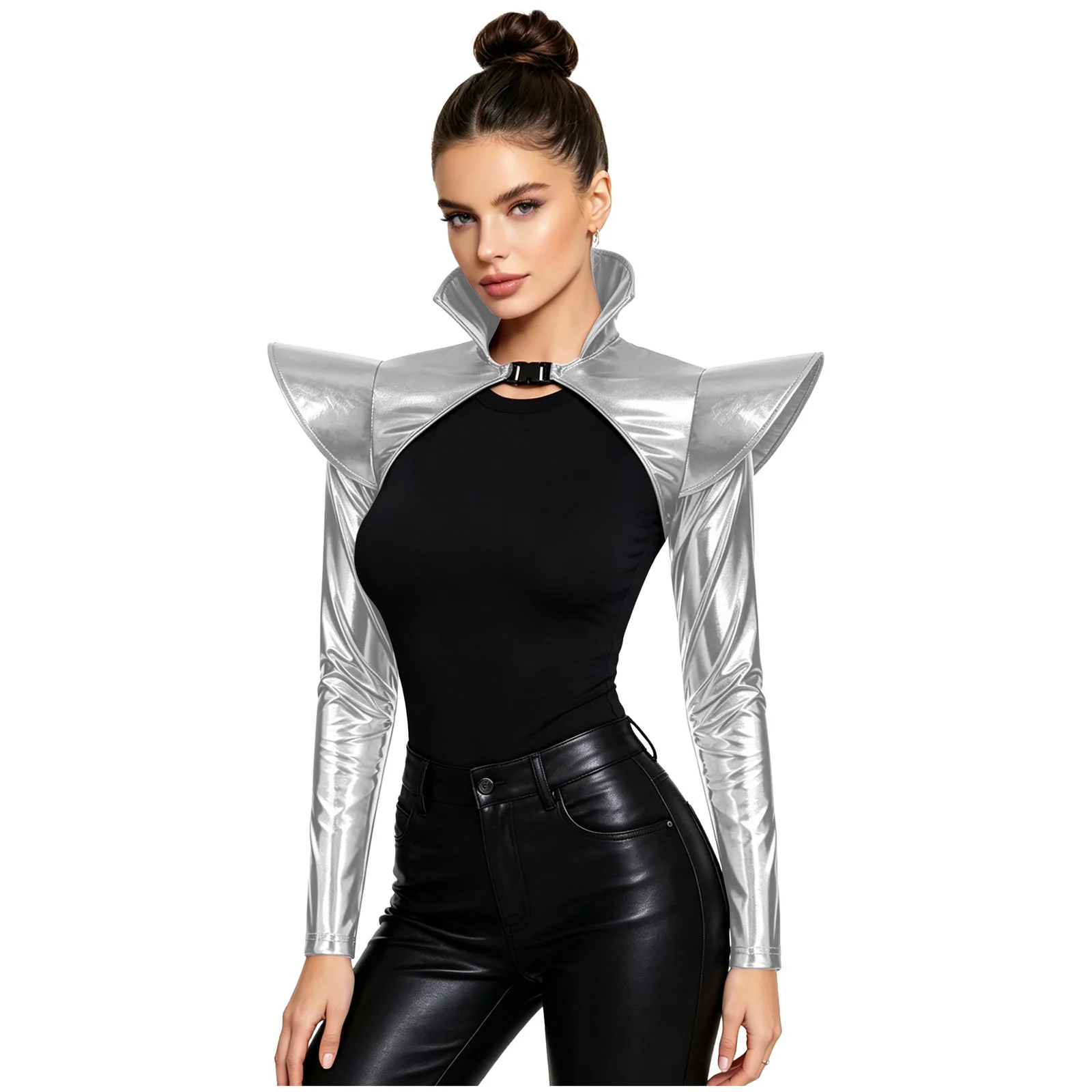 Women Punk Metallic Shiny Shrugs Armor Crop Top Long Sleeve Structured Epaulets Buckle Open Front Pauldron Gothic Dance Clubwear