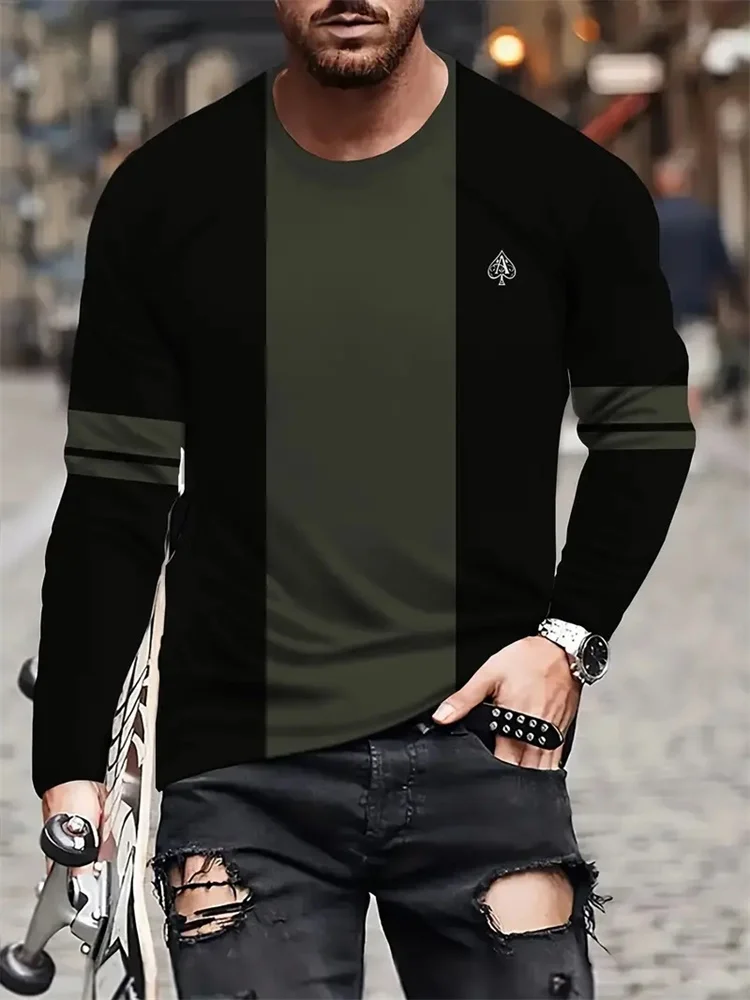 

Men's Simple Spades A Printed T-shirt Splicing Tops Summer Casual Comfortable O-Neck Long Sleeve Tee Top Fashion Street Pullover