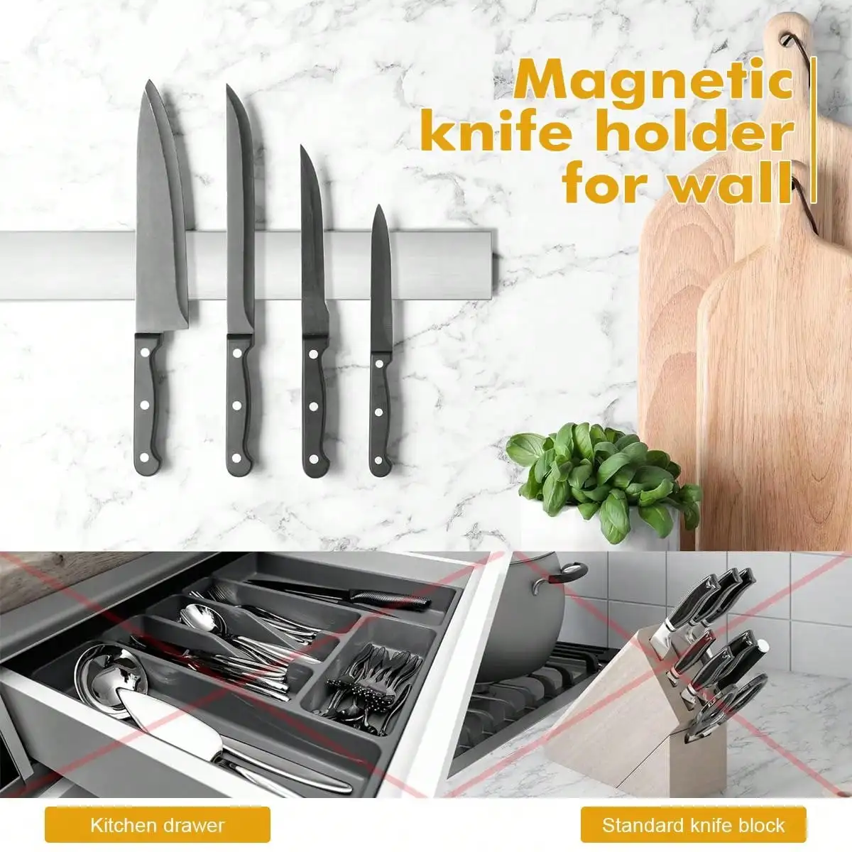 Leeseph Magnetic Knife Holder for Wall, Multipurpose Stainless Steel Magnetic Knife Strip Knife Rack, Kitchen Utensil Organizer