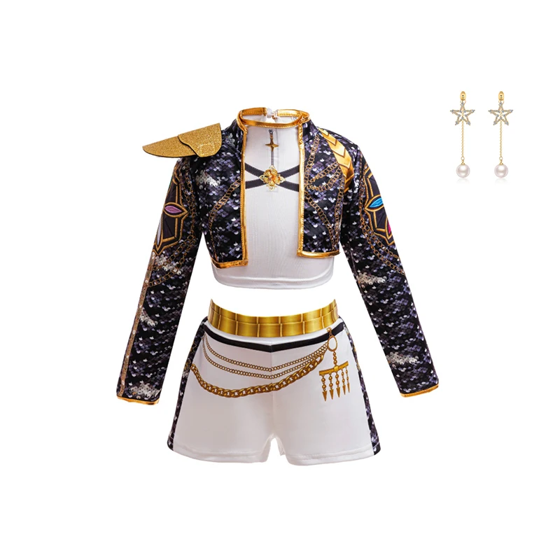 Girls Hip‑Hop 3D Print Gold Trim Cropped Jacket White Shorts Set Wig Earrings Stage Cosplay Performance Outfit image 2
