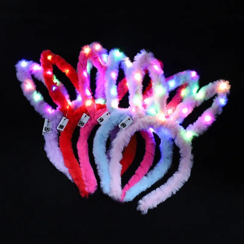 Novelty Funny LED Coloured Lights Plush Rabbit Ears Light Up Hair Bands Creative Party Decorations Children's Birthday Gifts