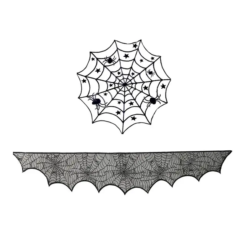 ABLQ Halloween Tablecloth Spider Web Fireplace Towel Spider Table Runner Lampshade Halloween Decoration Set