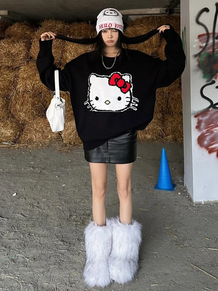 

Женский вязаный свитер Laid-ba American Style Hello Kitty с круглым вырезом, повседневный, мягкий, уютный, свободного кроя, осенне-зимний, новинка