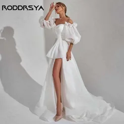 RODDRSYA 오프 숄더 웨딩 원피스 퍼프 슬리브, 우아한 A 라인 스플릿 신부 가운, 시민 백리스 얇은 명주 그물 여성 스트랩리스 웨딩 드레스  퍼피 슬리브 우아한 A라인 스플릿 브라이덜 가운  백리스 튤 여성 웨딩 드레스