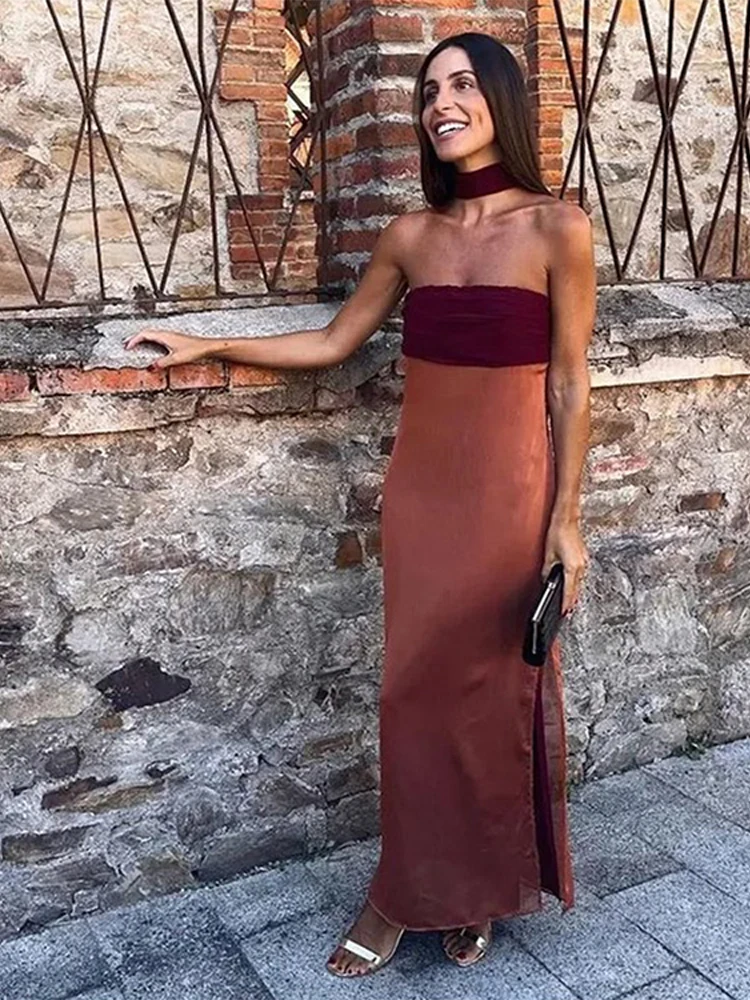 

Ribbon Patchwork Strapless Maxi Dress Women Sexy Off Shoulder Backless Split Long Robe Summer Chic Lady Vacation Streetwear