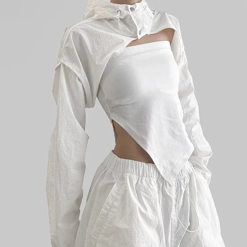 New Autumn 2024 Pure Color Short High Waist Stand Collar Hooded Sun Protection Outerwear Small Jacket Top Women's Outdoor Clo...