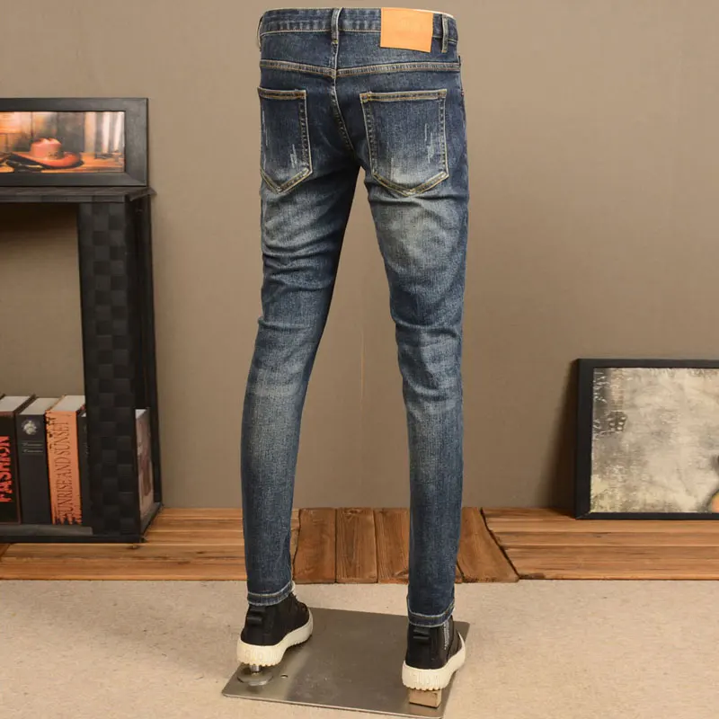 Korean Style Fashion Men Jeans Retro Blue Stretch Slim Fit Ripped Jeans Men Streetwear Vintage Designer Casual Denim Pants