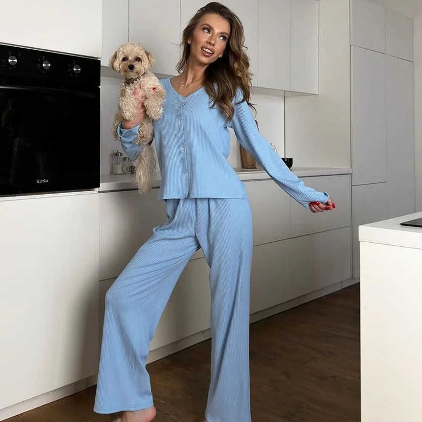 Women's Pajamas Sets 2024 Knit Loose Comfort Pit Stripe Long Sleeve Long Pants Loungewear Sleepwear for Sleeping Clothes