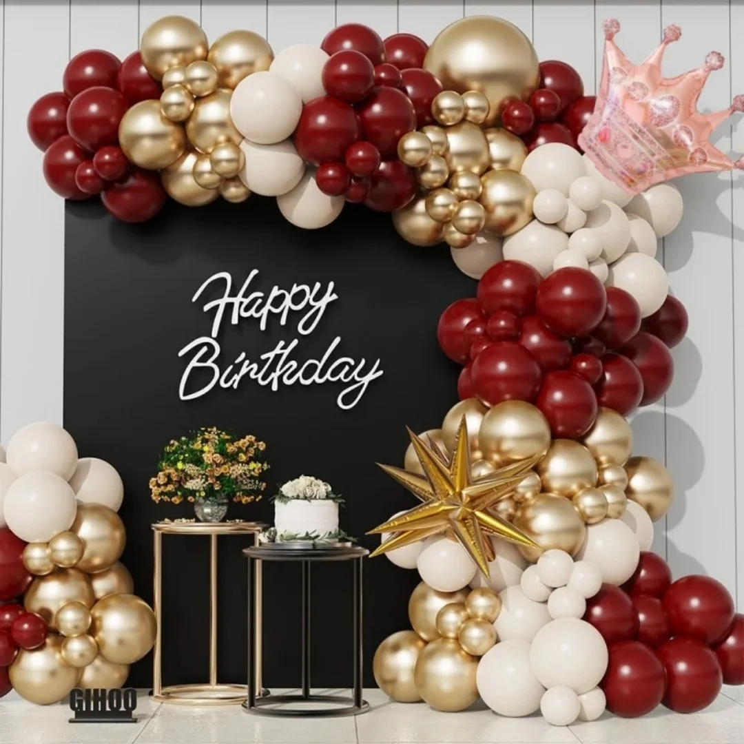 95pcs Gold Wine Red White Balloons Arch Garland Kit, for Birthday Baby Shower Wedding Party Graduation Celebration Decoration