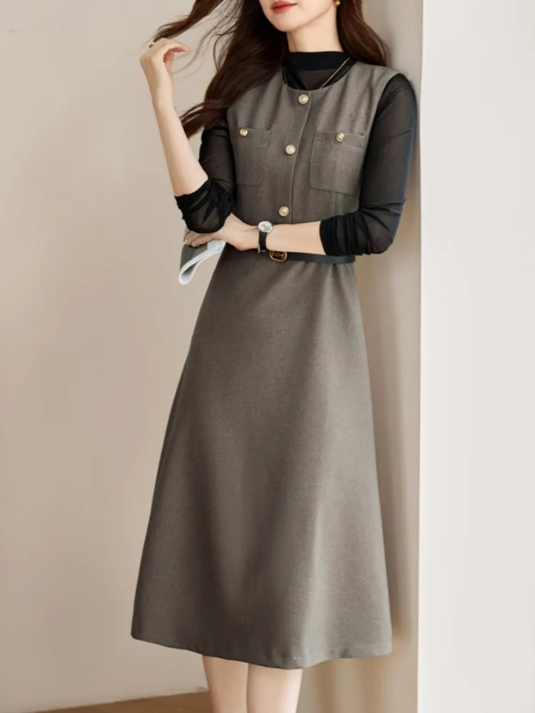 Elegant Two-Piece Women's Outfit: Sleeveless Waist-Cinching Dress & Knit Cardigan Set - Chic Spring/Fall Commuter Wear Advanced