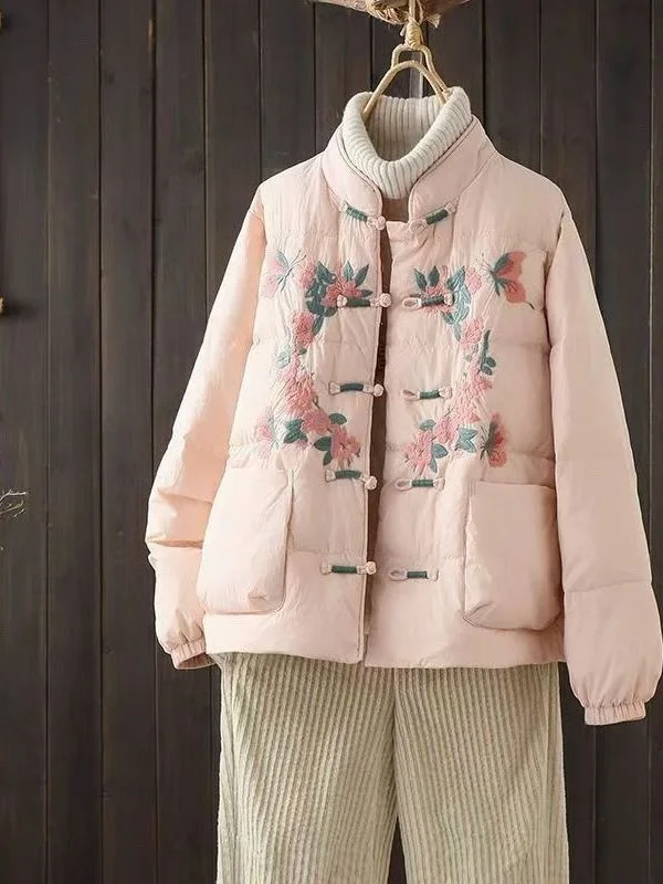 

New Chinese Sle Women's Cotton Jaet Embroidered Small Stand Collar Design Sensation Winter Coat Thiened Long Sve