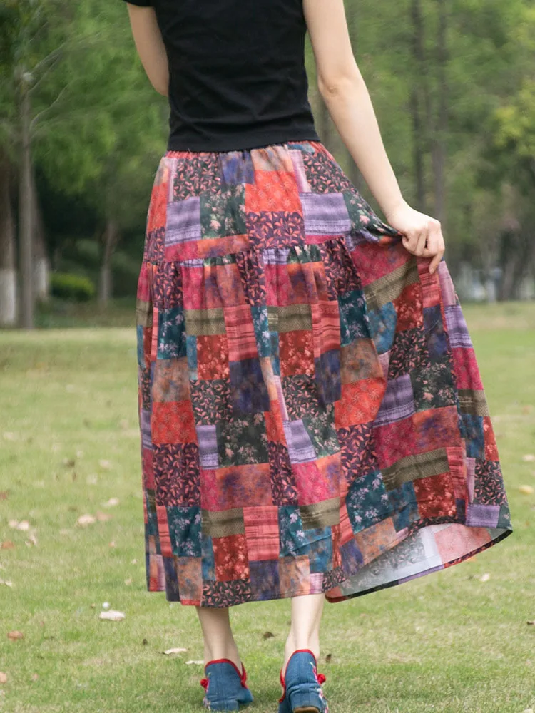 TIYIHAILEY Long Mid-calf A-line Elastic Women Cotton And Linen Printed Skirts Fashion Ladies Skirt Pockets 2026 New Ladies