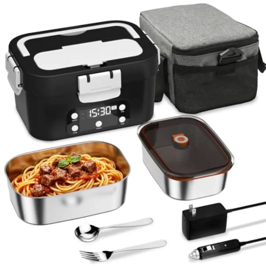 

Automatic heat preservation heating lunch box for office use, stainless steel, black, keeps food warm for 6 hours