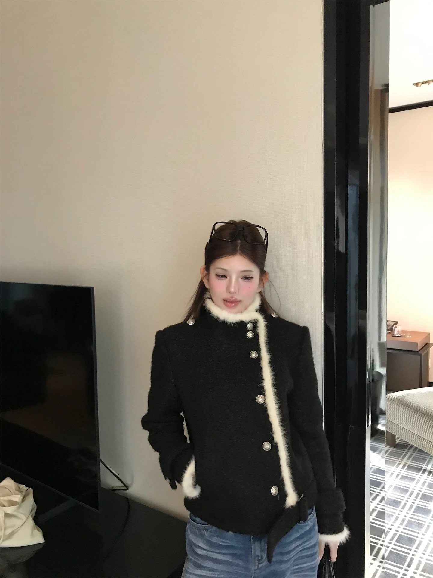 

Fheer Women's Thiened Warm ort Jaet Autumn Winter New Sle Stand Collar Patchwork Fur Casual Faion Polyester